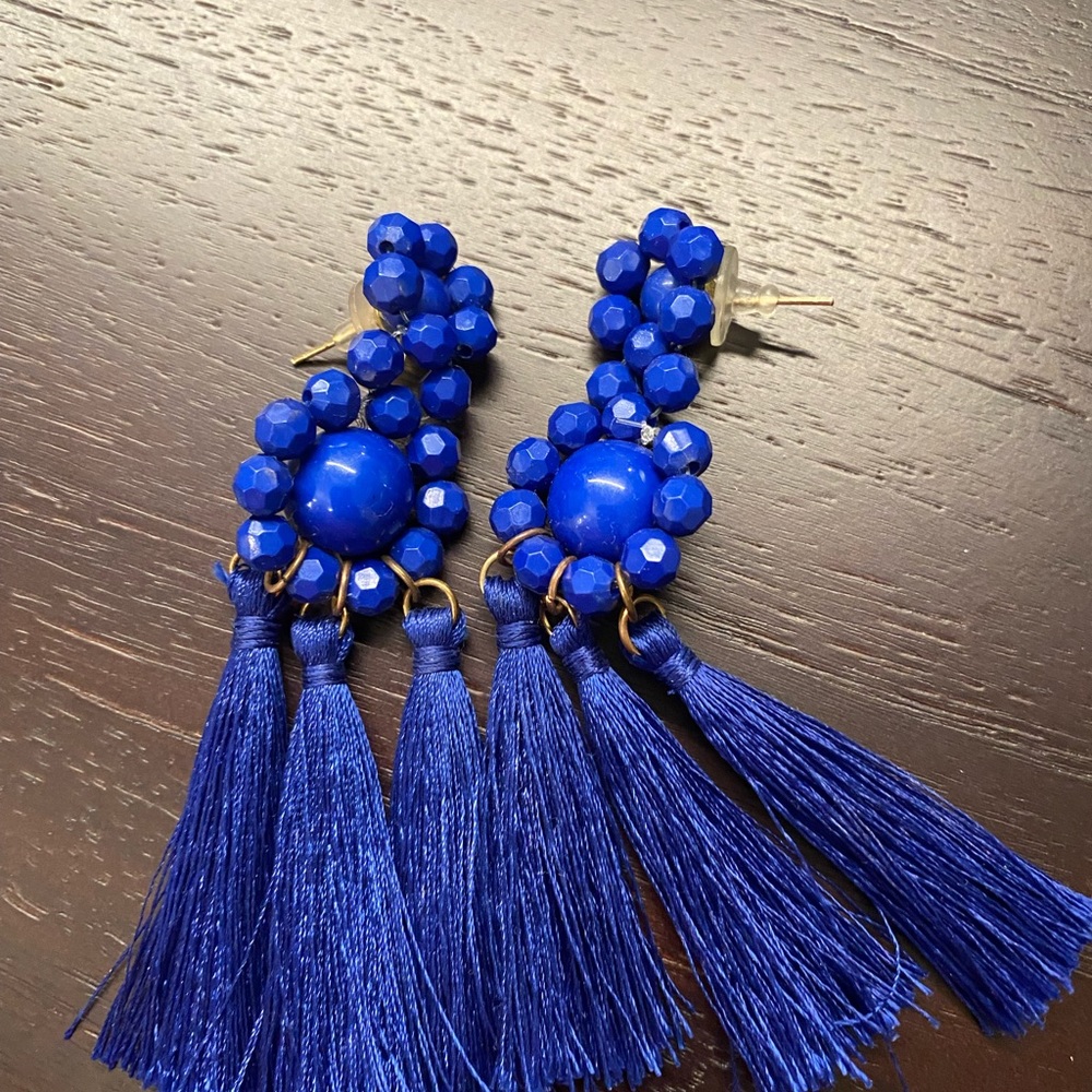 Cobalt Blue Fringe Dangle Earrings
